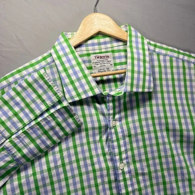 Camisa TM Lewin Para Hombres 19 38 Verde Azul Cuadros de Rejilla Algodón Vestido Formal Puño Francés Foto 1 de 4