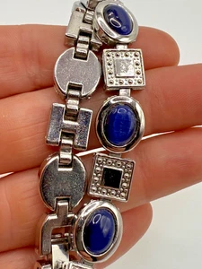 Silver Tone Link Bracelet Blue Cabochons Geometric Design 7" - Picture 1 of 5