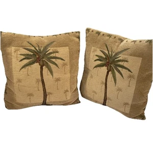 Set Of 2 Tan Palm Tree Throw Pillows Gil & Roy Coconut Palms Decor Upscale Miami - Picture 1 of 14