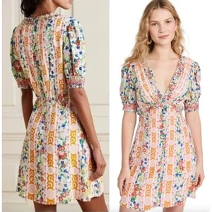 Saloni | Lea Smocked Floral-print Ecovero-blend Crepe Mini Dress | Sz 0 - Picture 1 of 11