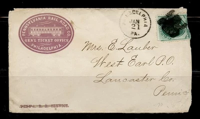 ILLUST.AD CVR PENNSYLVANIA RAIL ROAD CO. GEN'L TICKET OFFICE TIED w/FANCY CANCEL - Image 1 of 4