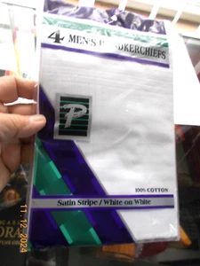 New in Package 4 Men's 100% Cotton Handkerchiefs, Satin Stripe White on White - Picture 1 of 3