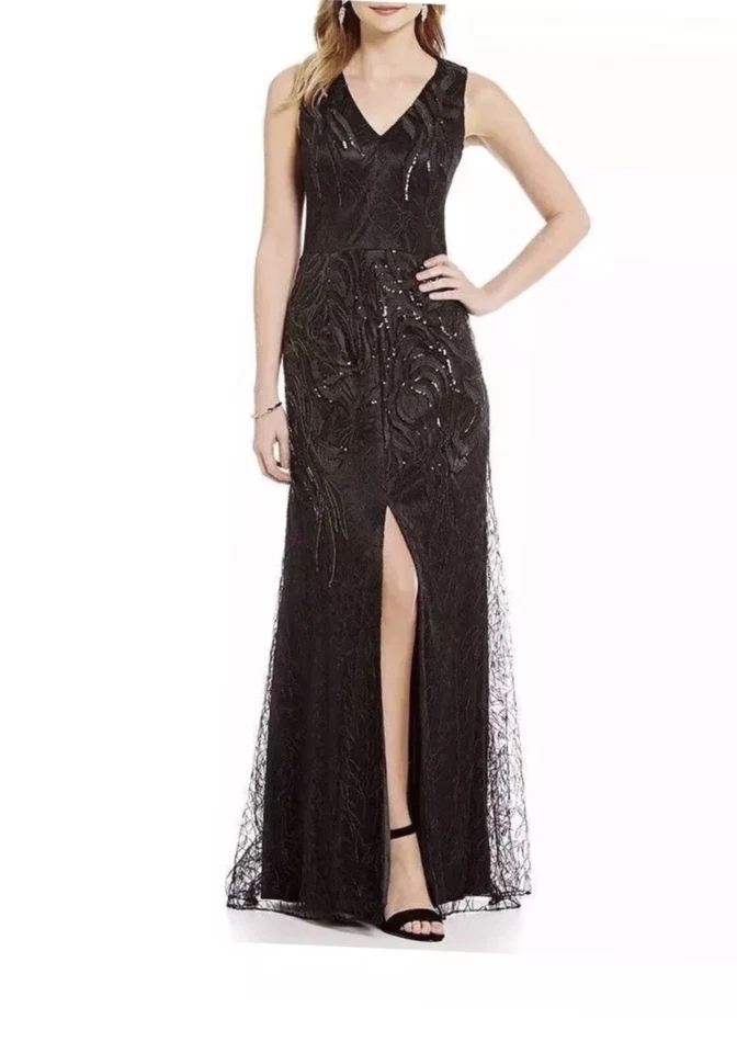 Vestido preto DAVID MEISTER, lantejoulas, bordado, renda, decote em V, tamanho 14. - Imagem 1 de 4