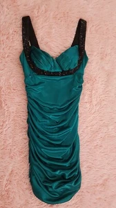 Mini vestido ceñido al cuerpo acanalado de cóctel verde azulado (verde azulado) para mujer talla 3 lentejuelas negras - Imagen 1 de 9