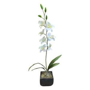 Artificial Orchid Plant White Black Green Table Decor Ceramic Planter