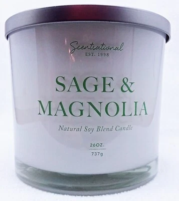 1 vela grande de 3 mechas Scentsational SAGE & MAGNOLIA mezcla de soja natural 26 oz Foto 1 de 2