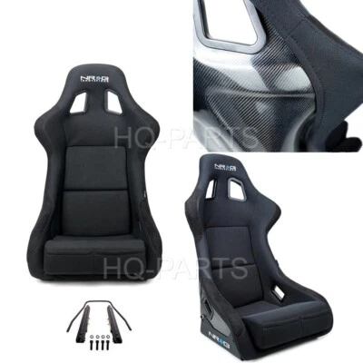NRG BLACK CARBON FIBER FIXED BUCKET RACING SEAT LARGE BLACK FABRIC SUEDE SLIDER - Image 1 of 4