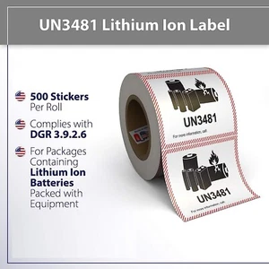 Batteria al litio UN3481 etichette di spedizione, 3,25 x 4,25 pollici, 500 etichette per rotolo - Foto 1 di 3