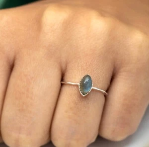 Dainty Sterling Silver Labradorite Ring Ladies Marquise Gemstone Jewellery Gift - Picture 1 of 6