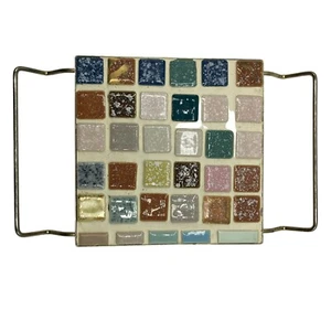 Remache de azulejos de cerámica de mosaico multicolor vintage MCM placa caliente marco de alambre dorado - Imagen 1 de 6