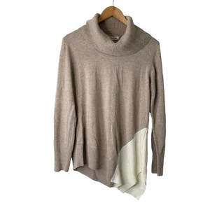 Calvin Klein Color Block Turtleneck Sweater Size L Neutral Beige Asymmetric Hem - Picture 1 of 11
