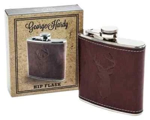 6oz Hip Flask Brown Leather Effect Imprinted Stag High Quality Stainless Steel - Picture 1 of 3