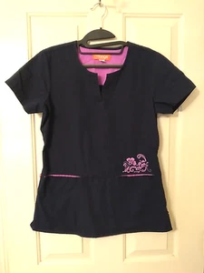 ORANGE Women's SZ S V-Neck Scrub Top Navy Purple Floral - Picture 1 of 6