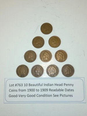 Lot #763 10 Beautiful Indian Head Penny Coins 1900 to 1909 G- VG See Pictures - Image 1 of 4