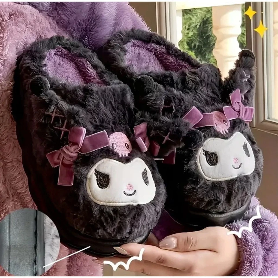 Y2k Sanrio Kuromi Women's Plush Slippers 8 Black Cozy Anime Pajamas Soft Trendy - Image 1 of 4