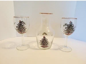 SPODE CHRISTMAS TREE CARAFE SET INCLUDES 2 HOLIDAY WINE GLASSES - Picture 1 of 2