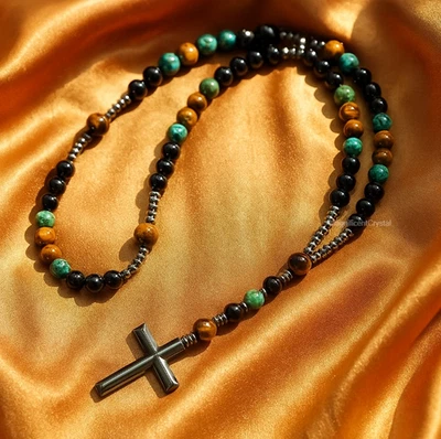 Collar Cruz Turquesa Africana Hematita Ojo de Tigre Hombres Protección Oración Regalo Foto 1 de 4