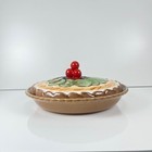 Plat à tarte barbotine fruits vintage, grand plat décoratif en céramique 1970