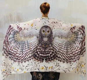 Silk Cashmere Owl Scarf Day Owl Wings Shawl - Picture 1 of 9