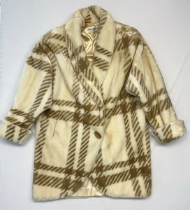 DONNYBROOK Coat Plaid Jacket M Faux Fur USA label Satin lined Cream/Tan - Picture 1 of 11