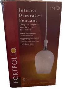 101148 PORTFOLIO INTERIOR DECORATIVE PENDANT SATIN NICKEL FINISH Hand Blown Glas - Picture 1 of 4