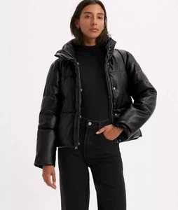 Levi's Faux Leather Puffer Jacket Black Quilted Water-Resistant Size L - Picture 1 of 2