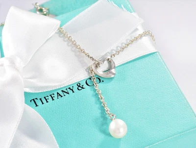 Boxed Tiffany & Co Silver Elsa Peretti 8.5mm Pearl Lariat Open Heart Necklace - Image 1 of 4