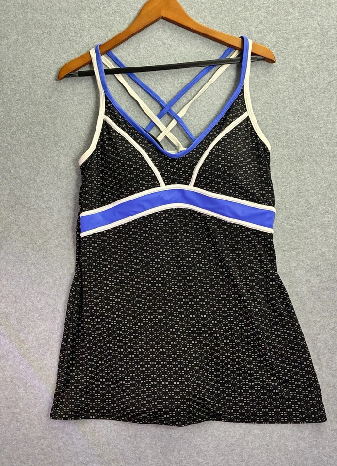 Catalina 女式 XL (16-18) 游泳裙黑色蓝色交叉背面连体衣 — 第 1/4 张图片