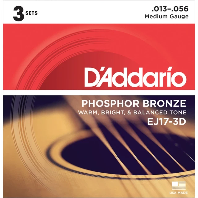 D'Addario Phosphor Bronze Medium String for Acoustic Guitar, Pack of 3 (EJ17-3D)