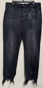 Risen Women's Black Faded Jeans Raw Frayed Hem High Rise Button-Up 2XL Stretch - Picture 1 of 10