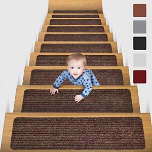 CARPET STAIR TREADS Non-Slip Safety Rug with Reusable Adhesive Brown 15 Pc MBIGM