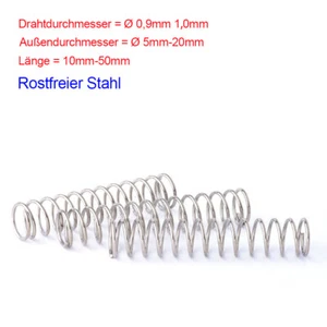 10x Druckfeder Rückstellfeder Edelstahl A2, d=0,9mm/1,0 mm, L=10-50mm, Ø 5-20 mm - Picture 1 of 8