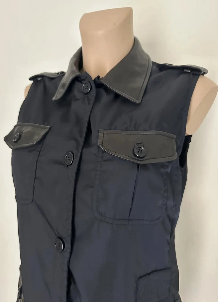 PRADA Original Chaleco Chaleco Chaqueta Cuero Inserto Azul Oscuro Negro Sin C... - Imagen 1 de 4