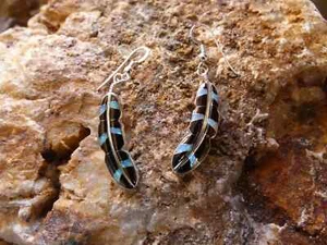 Black Onyx Opal Earrings Handcrafted Southwestern Feather Sterling Silver T26 - Picture 1 of 8