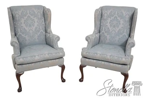 63829EC: Pair HICKORY CHAIR CO Blue Damask Wing Back Easy Chairs - Picture 1 of 21