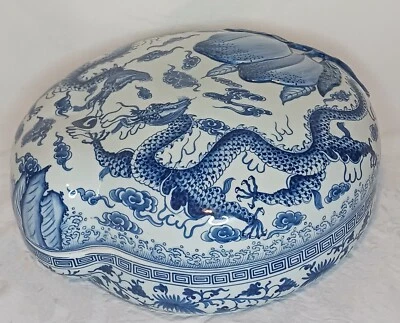 Asian Late Variation Forward-Facing Dragon Blue/White Porcelain Basin - Image 1 of 4