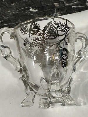 Azúcarero vintage de vidrio con patas de amapola de Flandes Silver City superposición plateada Foto 1 de 4