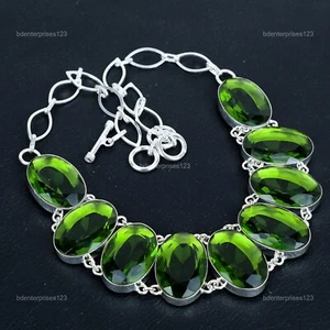 Valentines Sale 925 Silver Oval Peridot Gemstone Elegant Chain Ethnic Necklace - Picture 1 of 6