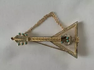 VTG R. Mandle Balalaika Guitar MOP Rhinestone Turquoise Brooch See Description - Picture 1 of 12