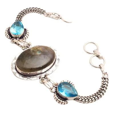 Pietra Labradorite Placcato Argento Bracciale Handmade Gioielli Regalo 18 G - Immagine 1 di 3