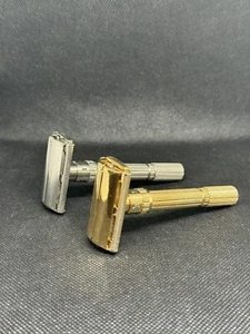 Menge = 2 Vintage Gillette I-4 TTO Slim Gold Aristocrat verstellbarer Sicherheitsrasierer H-3 - Bild 1 von 8