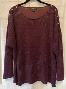 Cable And Gauge Woman Burgundy Metallic Holiday Rhinestone Buttons Top Plus 1X - Picture 1 of 9