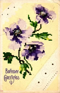 Postal de felicitación de cumpleaños vintage en relieve con flores púrpuras 1911 Hepler KS - Imagen 1 de 2