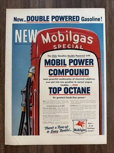 ¡Ahora gasolina de doble potencia! Anuncio impreso especial Mobilgas arte vintage - Imagen 1 de 8