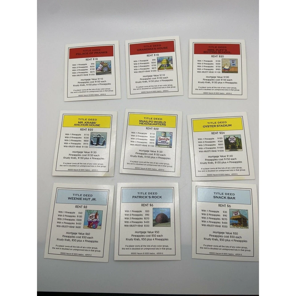Monopoly Sponge Bob Full Set 2005 Property Cards Title Deed 28ct Replacement - Image 1 of 4