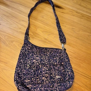 Travelon Anti-theft travel Cross Body purple and black leopard print Purse.Nice! - Picture 1 of 9