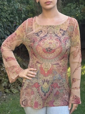 Vintage M Boho Studded Tunic Top Blouse Sheer Beige Mandala Hippie Y2K Foto 1 de 4