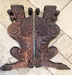 ANTIQUE VINTAGE WOOD CARVED PAIR XL  GARGOYLE GRIFFIN CORBELS VICTORIAN GOTHIC - Picture 1 of 8