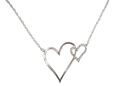 Nuovo Collana Due Cuori Argento Con Cristalli Pave - Immagine 1 di 2