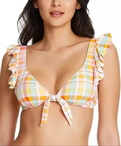 BLEU ROD BEATTIE Women's Hip to Be Square Ruffled Bikini Swim Top Plaid Size 4 - Picture 1 of 2